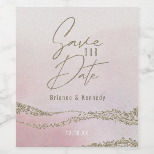 Elegant Waterverf Blush roze & Gold Save the Date Wijn Etiket (Enkel label)