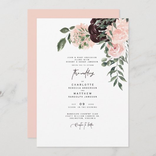 Elegant Waterverf Blush & Wine Floral Wedding Kaart (Voorkant / Achterkant)