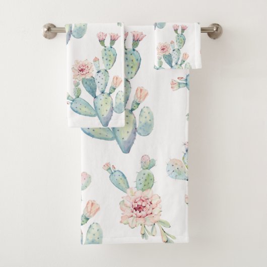Elegant Waterverf Boho Cactus Blossom Pattern Bad Handdoek (Insitu)