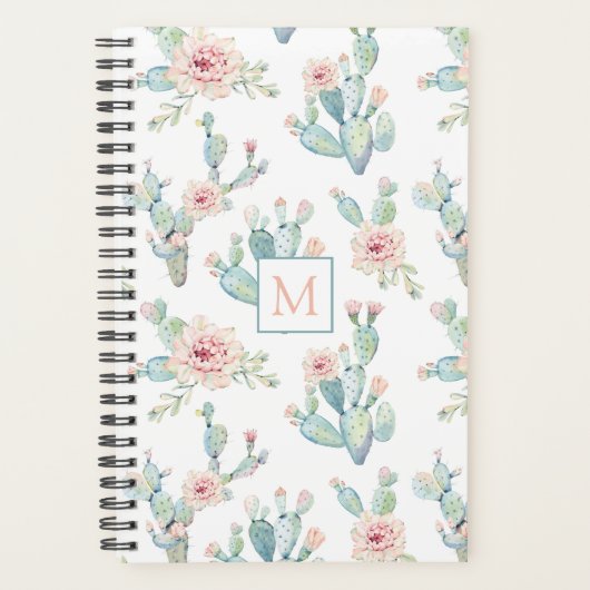 Elegant Waterverf Boho Cactus Patroonmonogram Planner (Voorkant)