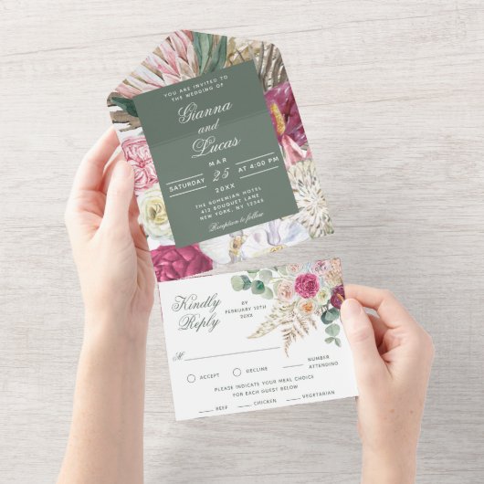 Elegant Waterverf Boho Floral country Weddenschap All In One Uitnodiging (Afscheurbaar)