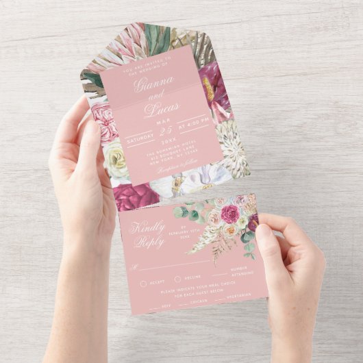 Elegant Waterverf Boho Floral country Wedding All In One Uitnodiging (Afscheurbaar)