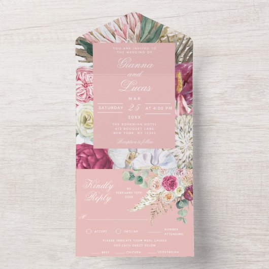 Elegant Waterverf Boho Floral country Wedding All In One Uitnodiging (Binnen)