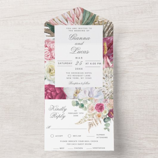 Elegant Waterverf Boho Floral country Wedding All In One Uitnodiging (Binnen)