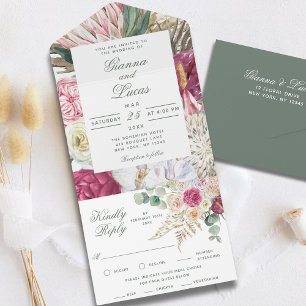 Elegant Waterverf Boho Floral country Wedding All In One Uitnodiging