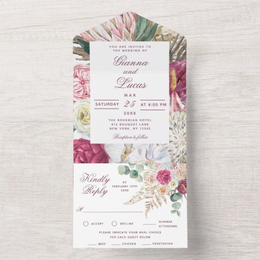 Elegant Waterverf Boho Floral country Wedding All In One Uitnodiging (Binnen)