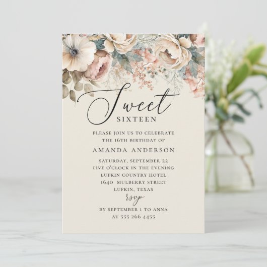 Elegant waterverf boho floral Sweet 16-jarig Kaart (Staand voorkant)