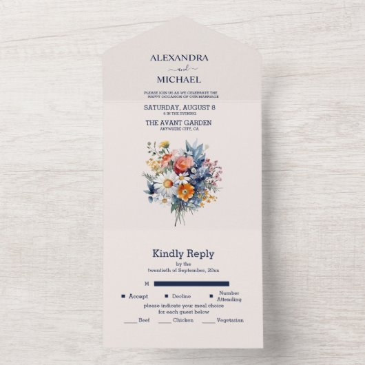 Elegant Waterverf Boho Floral Wedding All In One Uitnodiging (Binnen)
