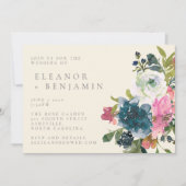 Elegant Waterverf Boho Pink Navy Floral Wedding Kaart (Voorkant)