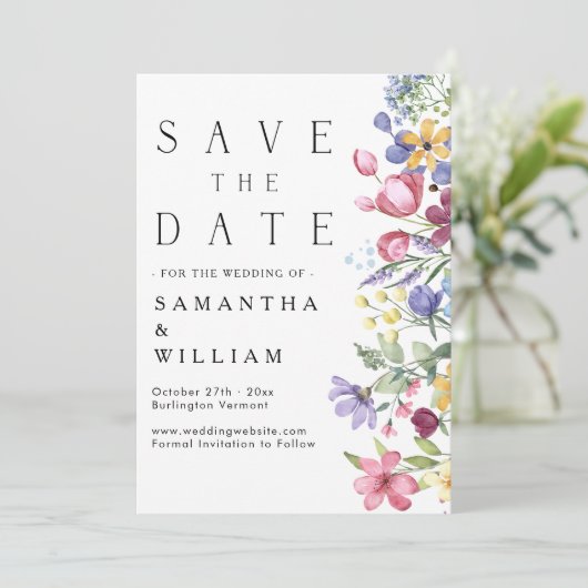Elegant Waterverf Boho Wildflower Save the Date Kaart (Staand voorkant)