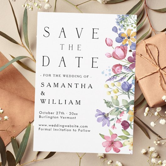 Elegant Waterverf Boho Wildflower Save the Date Kaart