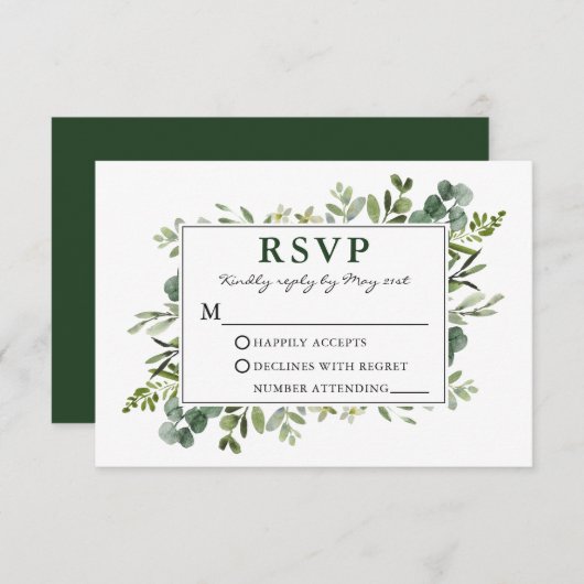 Elegant Waterverf Botanical Greenery Wedding RSVP Kaartje (Voorkant / Achterkant)