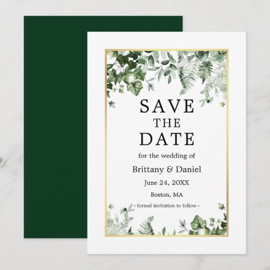 Elegant Waterverf Botanical Ivy Greenery Gold Save The Date (Voorkant / Achterkant)
