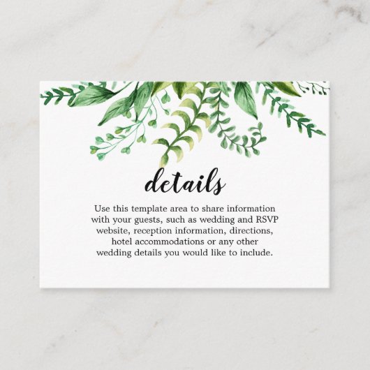 Elegant Waterverf Botanical Wedding Details Informatiekaartje (Voorkant)