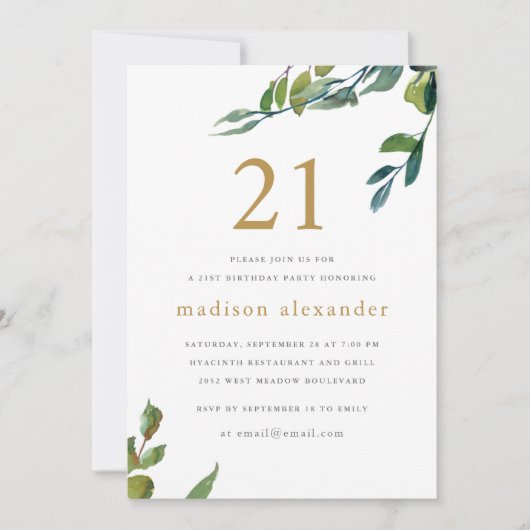 Elegant Waterverf Botanische 21e verjaardag Kaart (Voorkant)