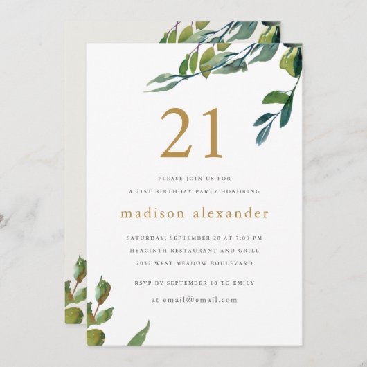 Elegant Waterverf Botanische 21e verjaardag Kaart (Voorkant / Achterkant)