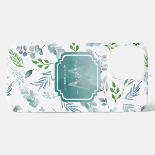 Elegant Waterverf Botanische bladeren Monogram iPhone Hoesje (Achterkant horizontaal)