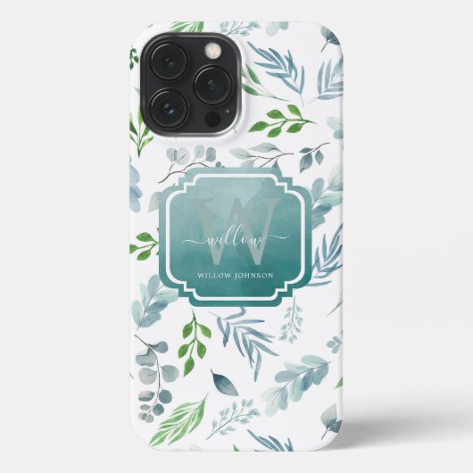 Elegant Waterverf Botanische bladeren Monogram iPhone Hoesje (Achterkant)