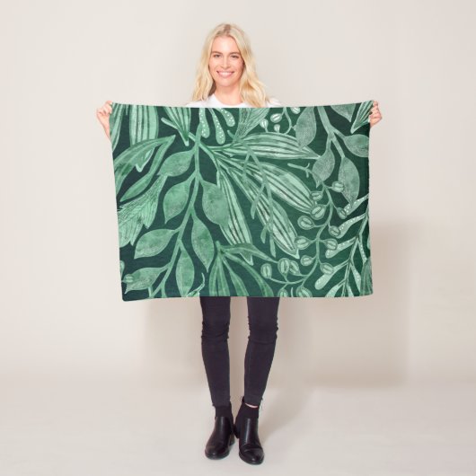 Elegant Waterverf Botanische Groene laat kunstwerk Fleece Deken (In situ)