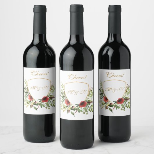 Elegant Waterverf Bouquet en Gold Lijst Wijn Etiket (Flessen)