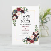 Elegant Waterverf Burgundy Blue Floral Gold Save The Date (Staand voorkant)