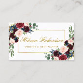 Elegant Waterverf Burgundy Blue Floral Gold Visitekaartje (Voorkant)