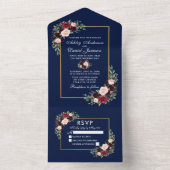 Elegant Waterverf Burgundy Blue Floral Wedding All In One Uitnodiging (Binnen)