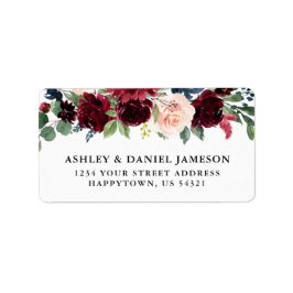 Elegant Waterverf Burgundy Blue Floral Wedding Etiket