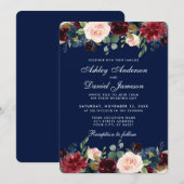 Elegant Waterverf Burgundy Blue Floral Wedding Kaart (Voorkant / Achterkant)