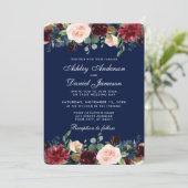 Elegant Waterverf Burgundy Blue Floral Wedding Kaart (Staand voorkant)