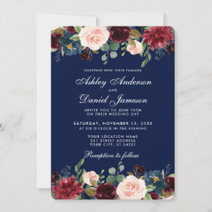 Elegant Waterverf Burgundy Blue Floral Wedding Kaart