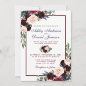 Elegant Waterverf Burgundy Blue Floral Wedding Kaart (Voorkant)