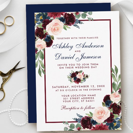 Elegant Waterverf Burgundy Blue Floral Wedding Kaart