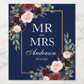 Elegant Waterverf Burgundy Blue Floral Wedding Wijn Etiket (Enkel label)