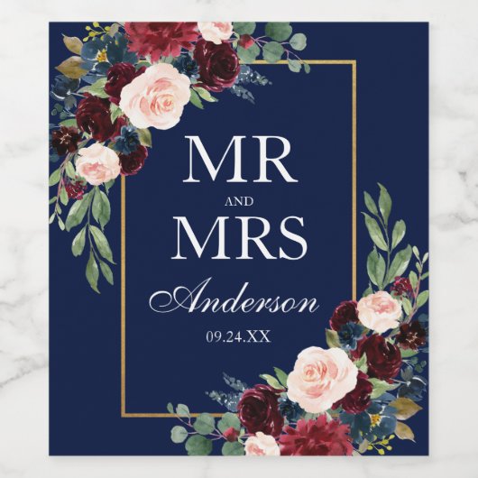 Elegant Waterverf Burgundy Blue Floral Wedding Wijn Etiket (Enkel label)