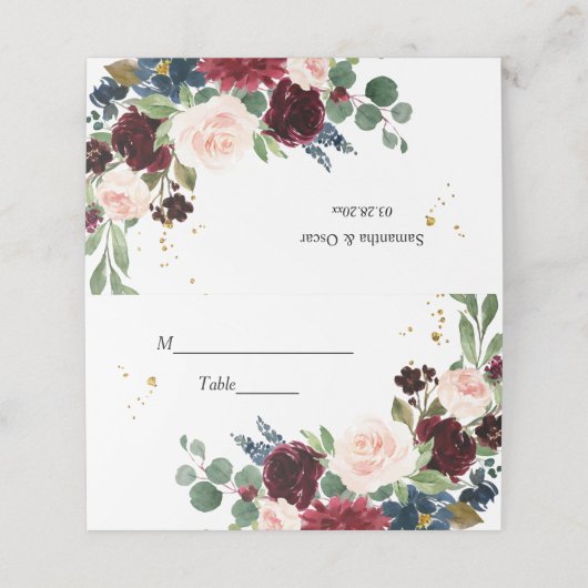 Elegant Waterverf Burgundy Blush & Gold Drops Plaatskaartje (Buitenkant ongevouwen)