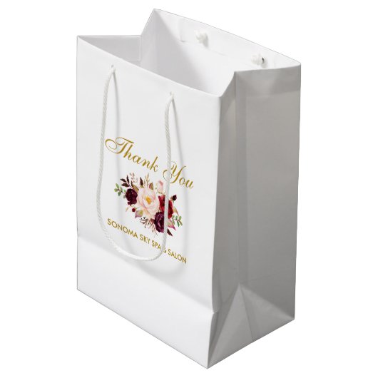 Elegant Waterverf Burgundy Floral Gold Hartelijk d Medium Cadeauzakje (Voorkant Gekanteld)