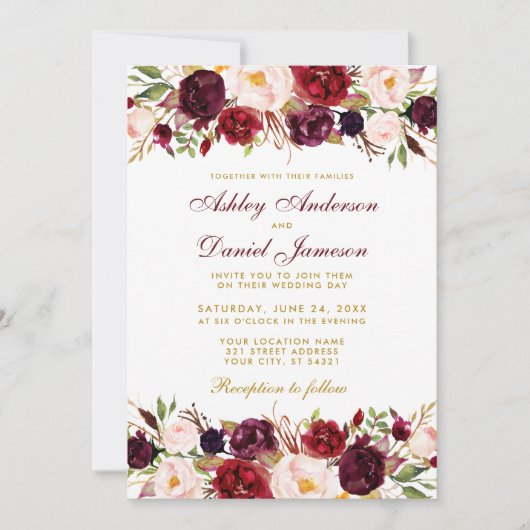 Elegant Waterverf Burgundy Floral Gold Wedding Kaart (Voorkant)