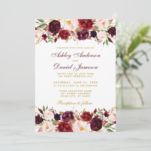 Elegant Waterverf Burgundy Floral Gold Wedding Kaart (Staand voorkant)