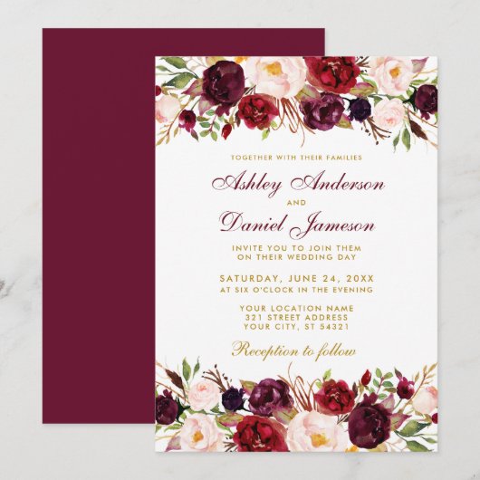 Elegant Waterverf Burgundy Floral Gold Wedding Kaart (Voorkant / Achterkant)