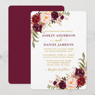 Elegant Waterverf Burgundy Floral Gold Wedding Kaart
