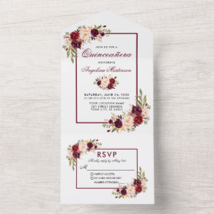 Elegant Waterverf Burgundy Floral Quinceanera  All In One Uitnodiging