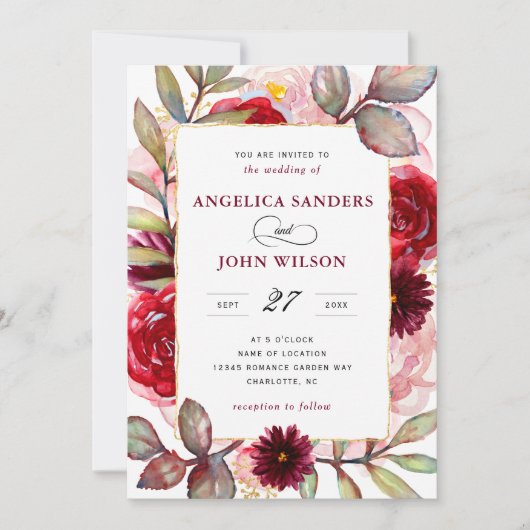 Elegant Waterverf Burgundy Floral Rustic Wedding Kaart (Voorkant)