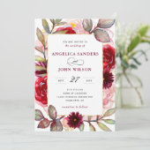 Elegant Waterverf Burgundy Floral Rustic Wedding Kaart (Staand voorkant)