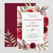 Elegant Waterverf Burgundy Floral Rustic Wedding Kaart (Voorkant / Achterkant)