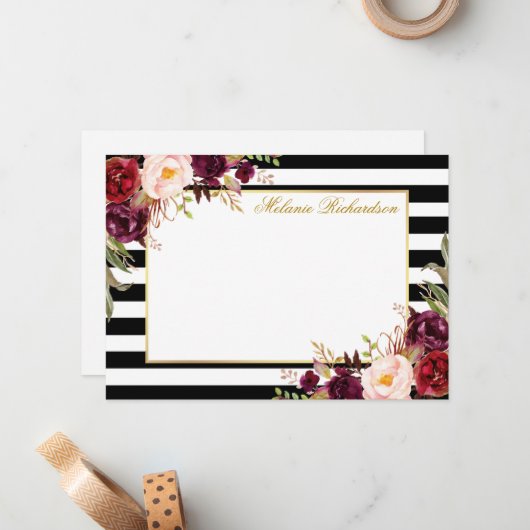 Elegant Waterverf Burgundy Floral Striped Notitiekaartje (Voorkant / Achterkant in situ)
