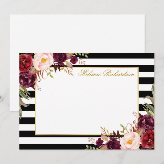 Elegant Waterverf Burgundy Floral Striped Notitiekaartje (Voorkant / Achterkant)