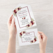 Elegant Waterverf Burgundy Floral Wedding All In One Uitnodiging (Afscheurbaar)