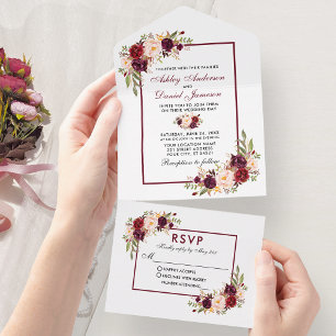 Elegant Waterverf Burgundy Floral Wedding All In One Uitnodiging