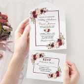 Elegant Waterverf Burgundy Floral Wedding All In One Uitnodiging